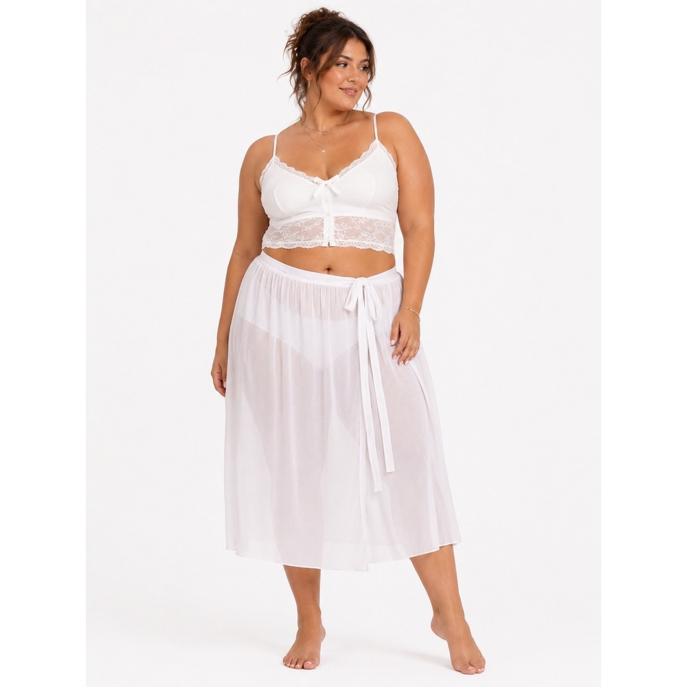 Sheer White Wrap Midi Skirt 18W Flowy Tie Waist Fairy Ethereal Romantic Resort